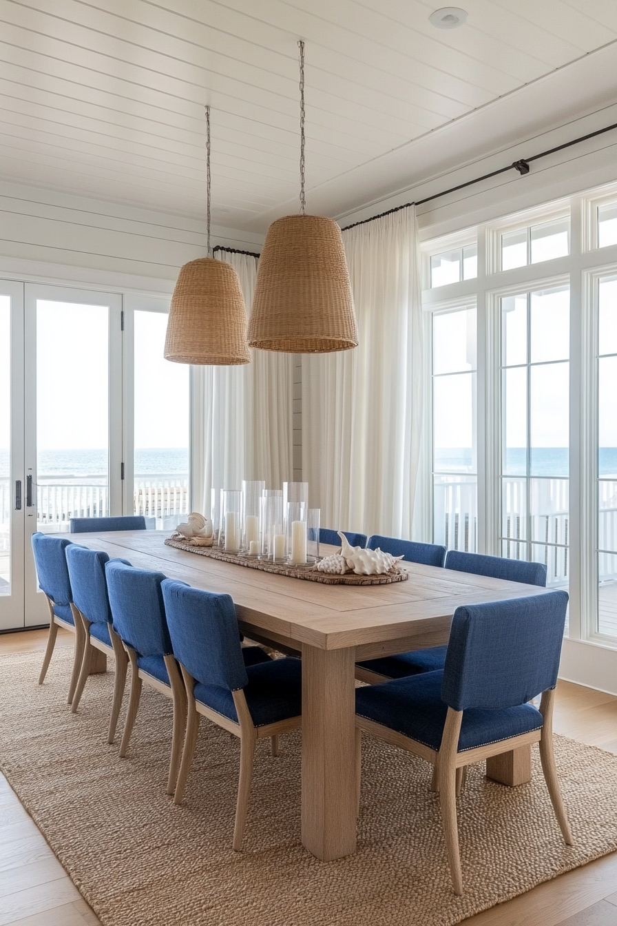 Bright linen curtains in the coastal dining room