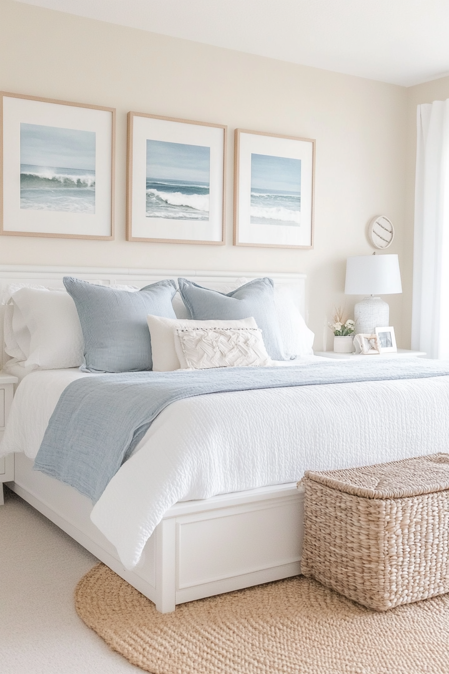 Sea wave prints in coastal bedroom