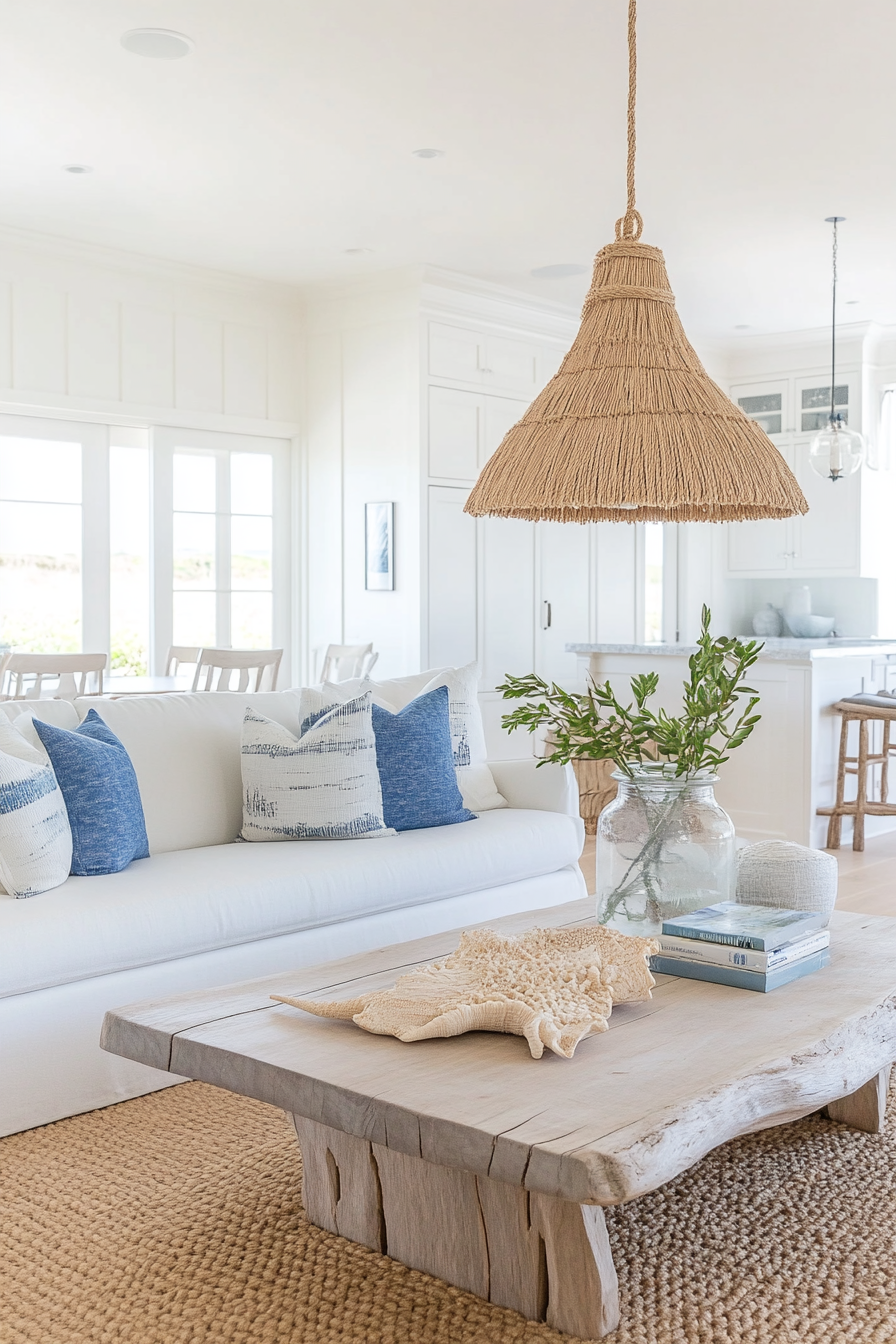 Rope-wrapped pendant lamp in coastal living room