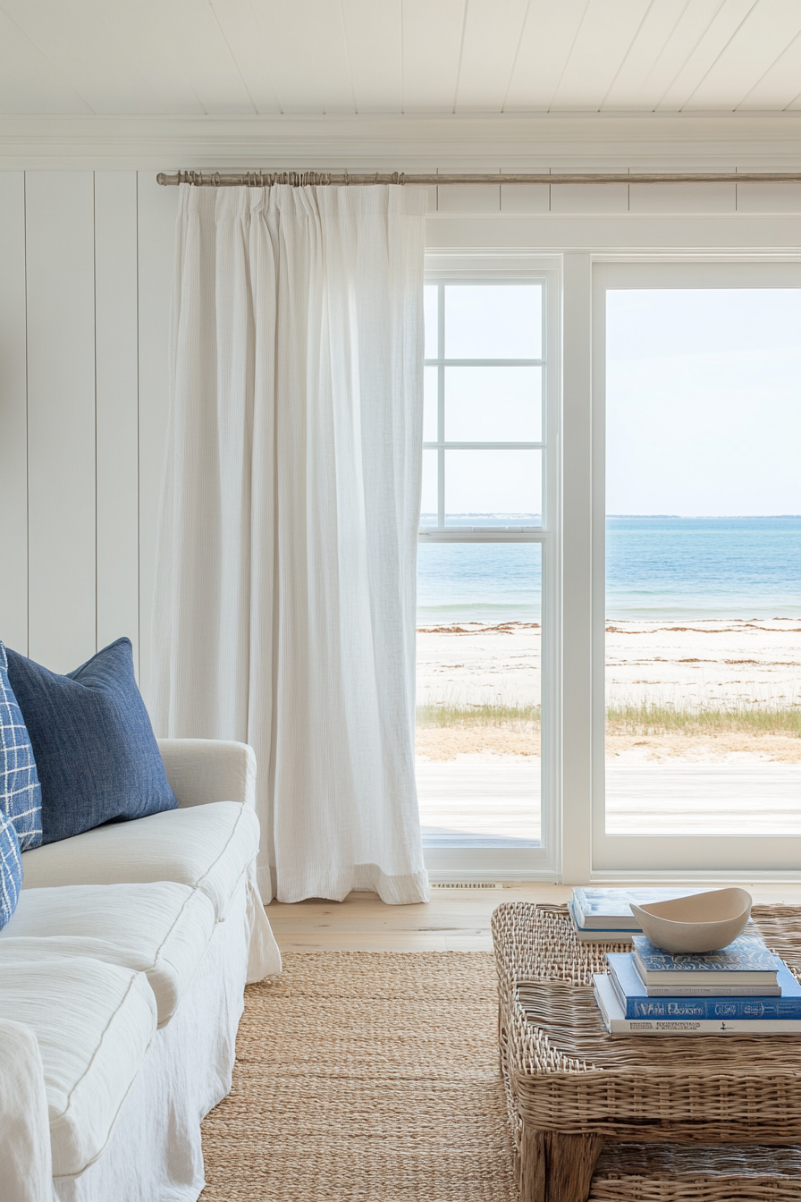 Bright linen curtains in the coastal living room