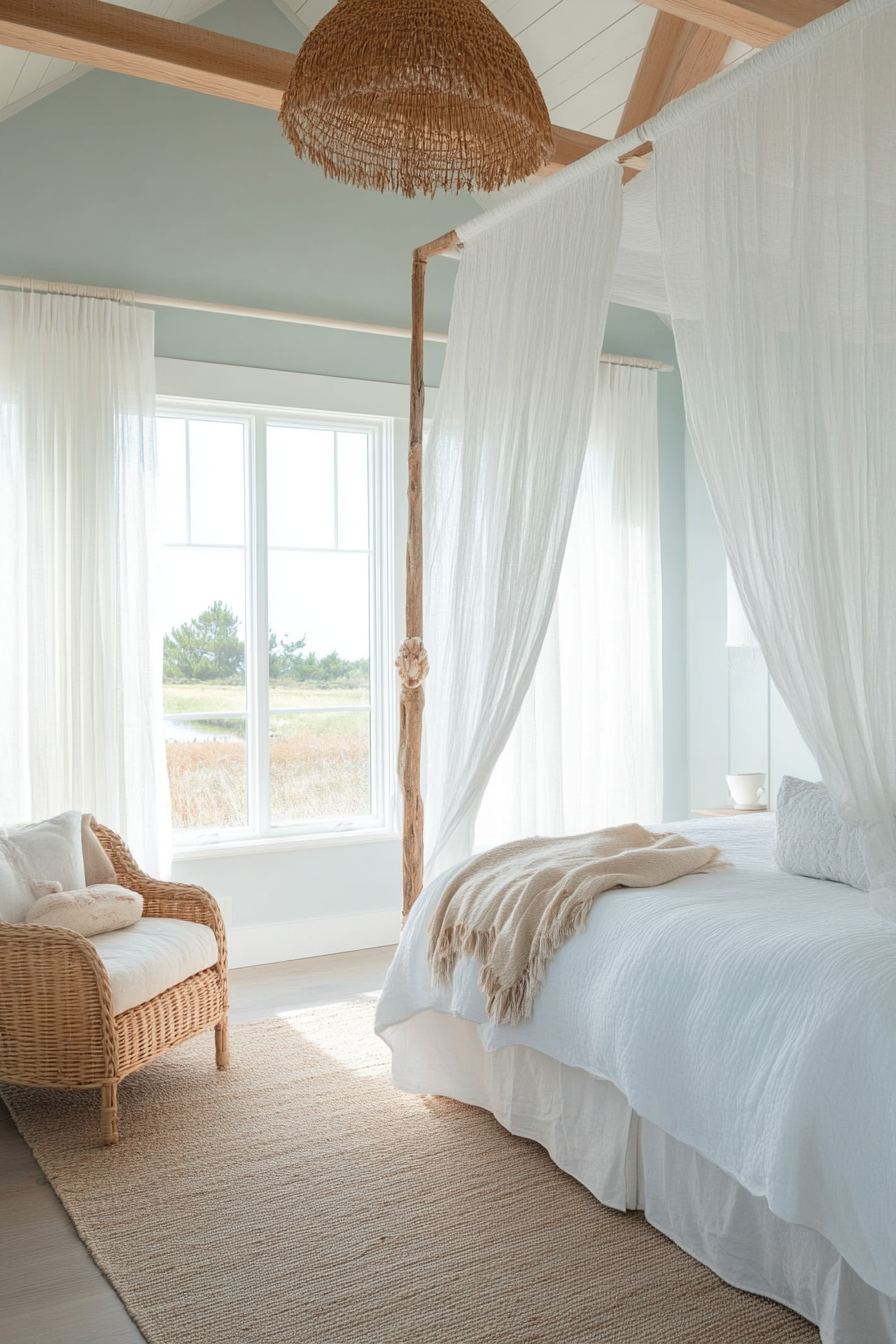 Light linen curtains in coastal bedroom