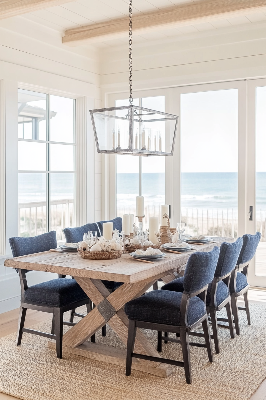 Weathered wood dining table in coastal dining room