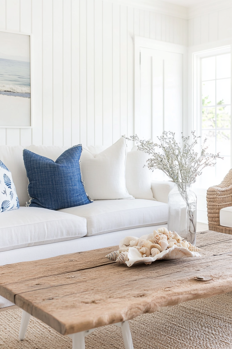 Weathered wood coffee table in coastal living room