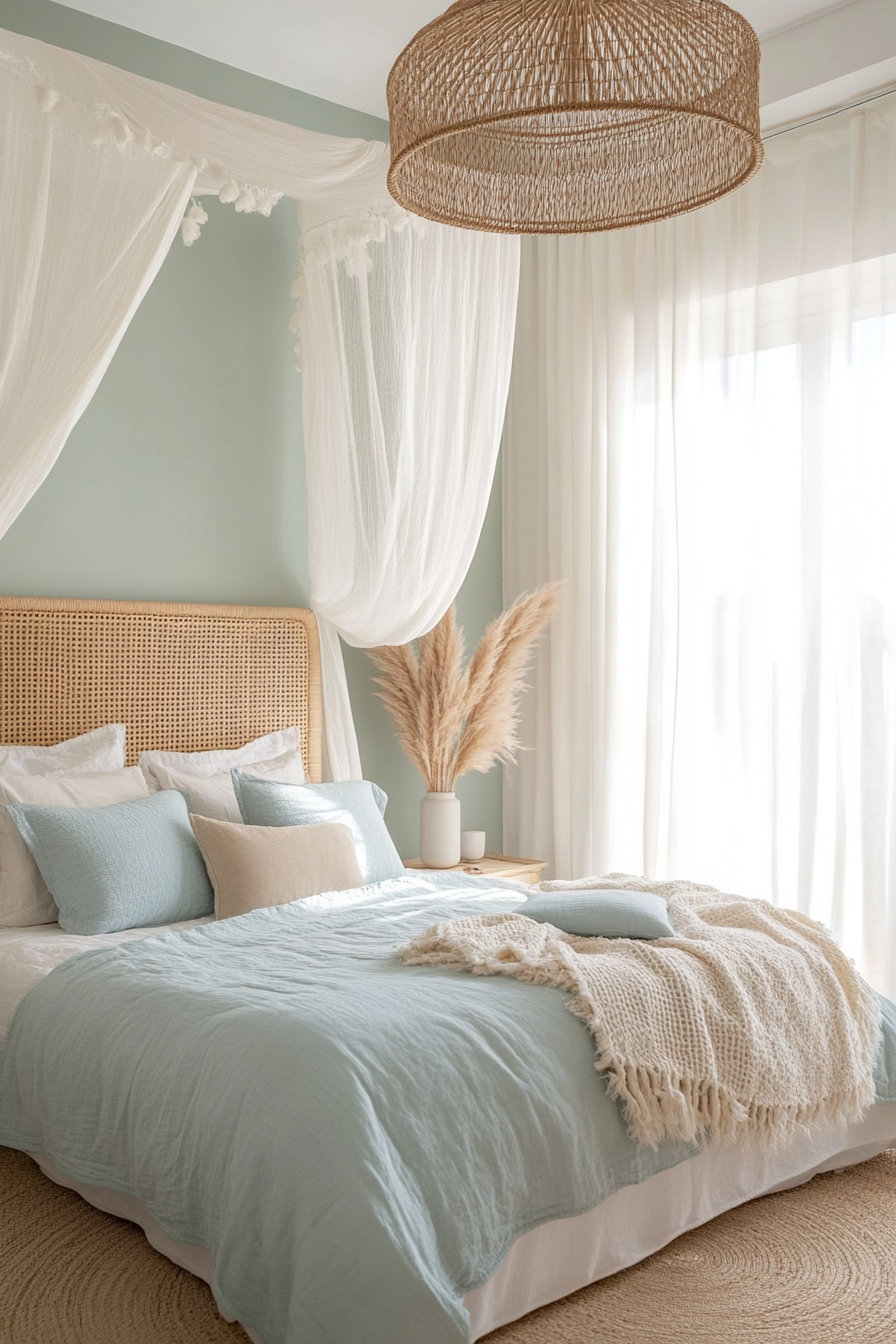 Seafoam green accent wall in coastal bedroom