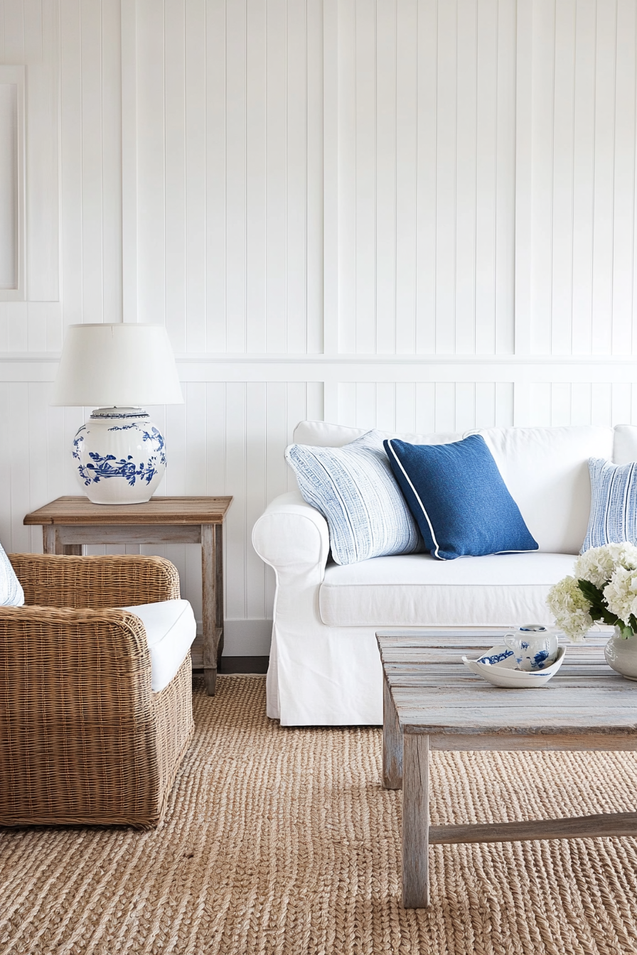 Soft blue and white coastal living room