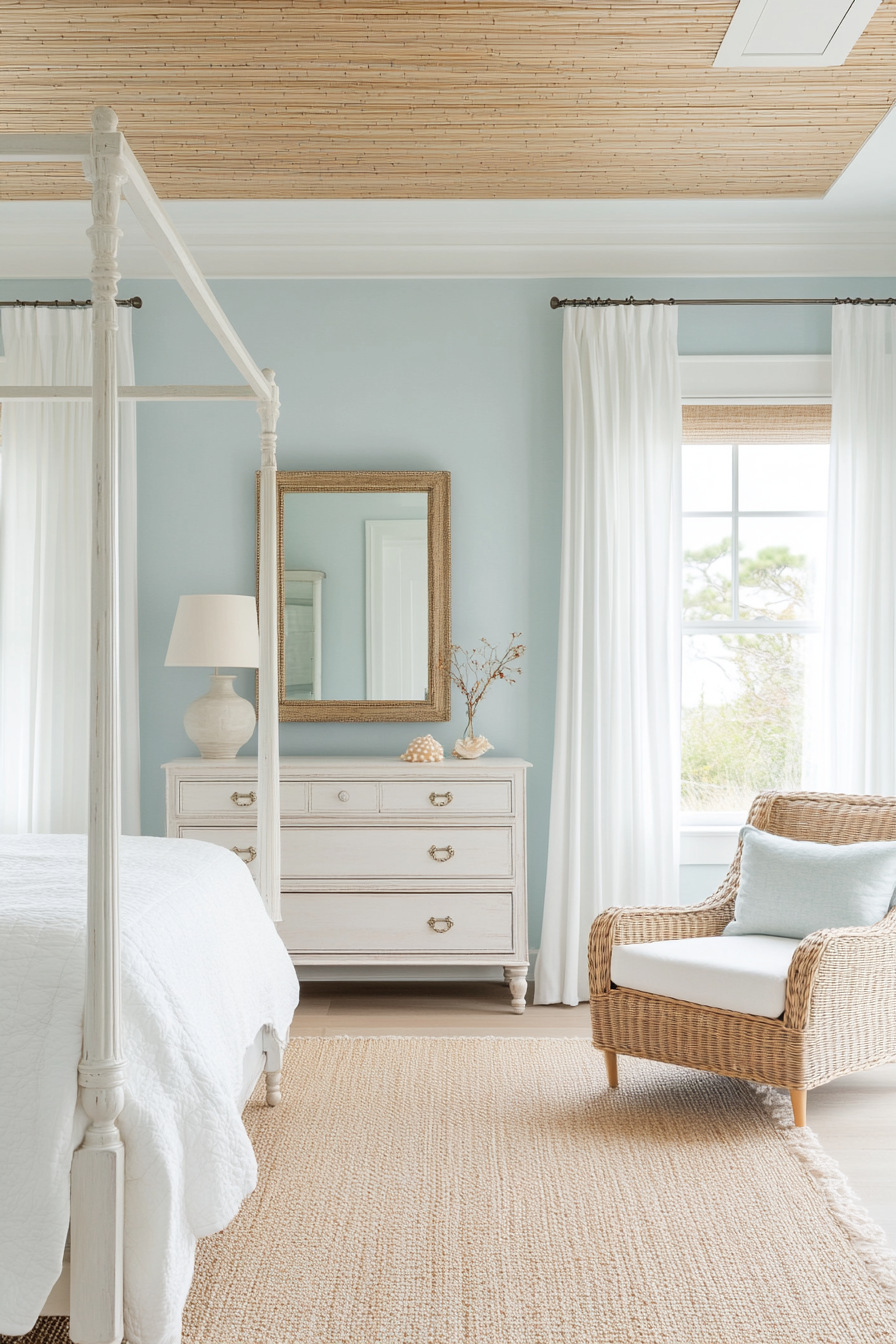 Rope framed mirror in coastal bedroom