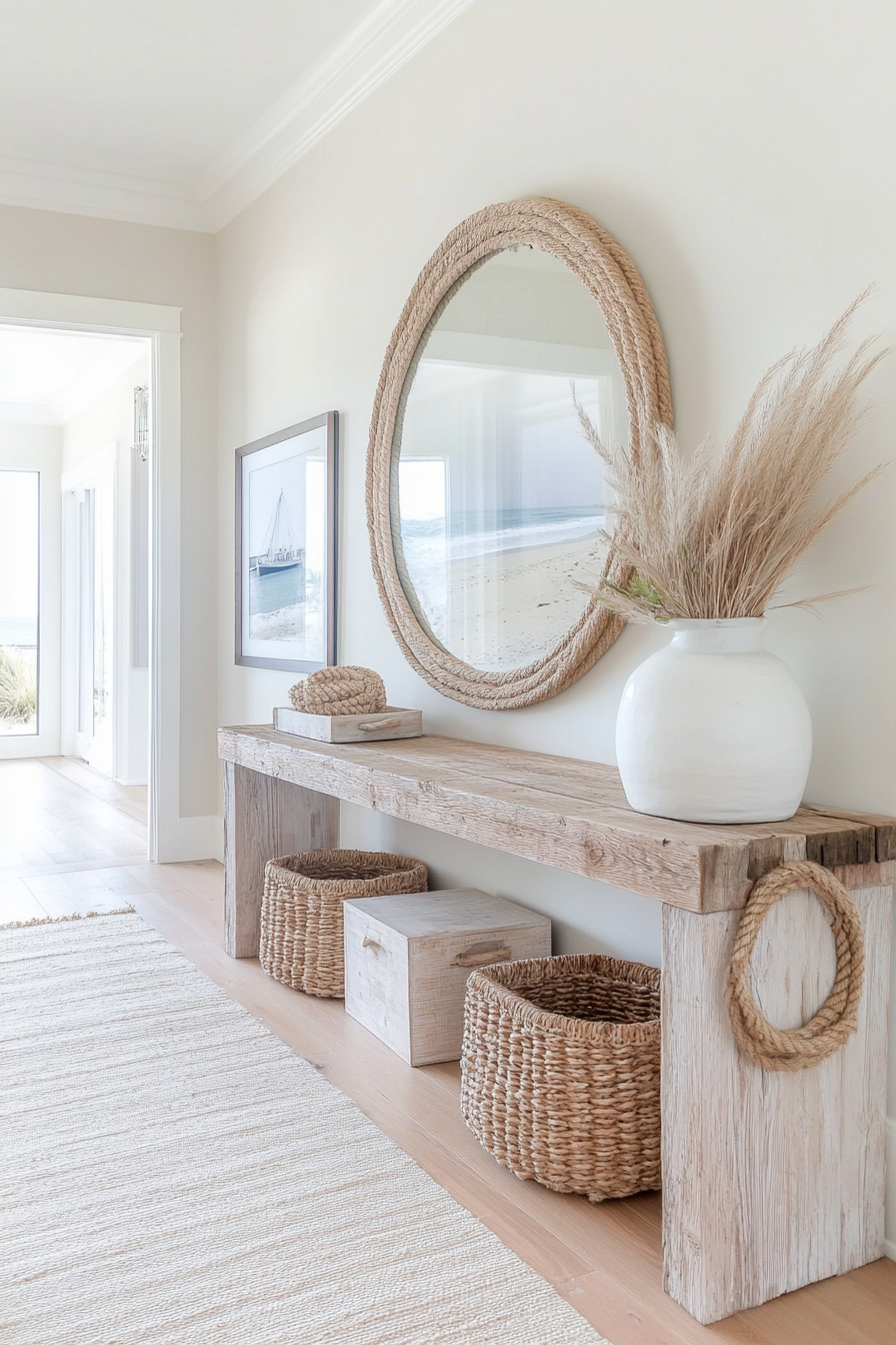 Console table with rope handles in coastal entryway