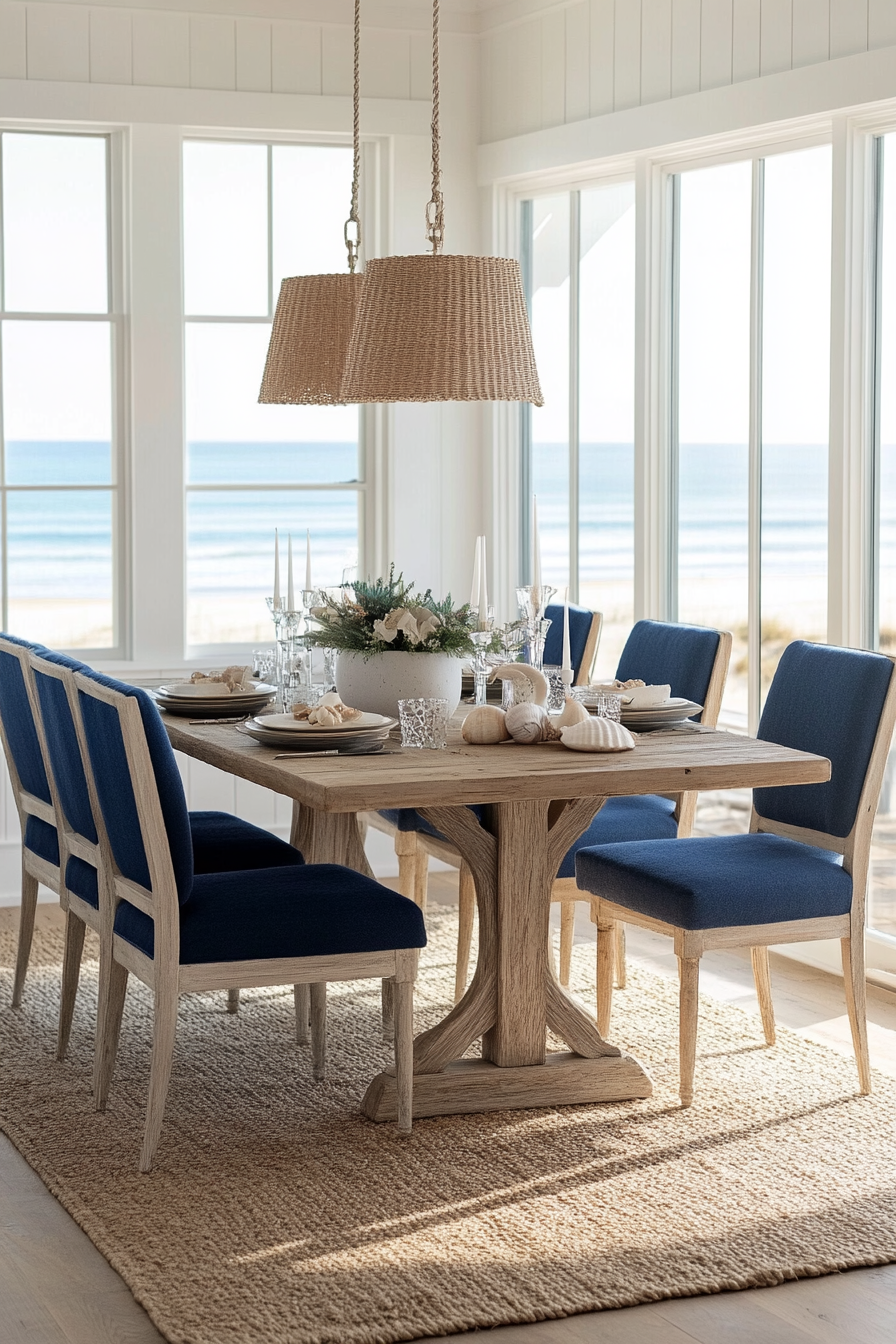 Seagrass carpet under the dining table in the coastal dining room