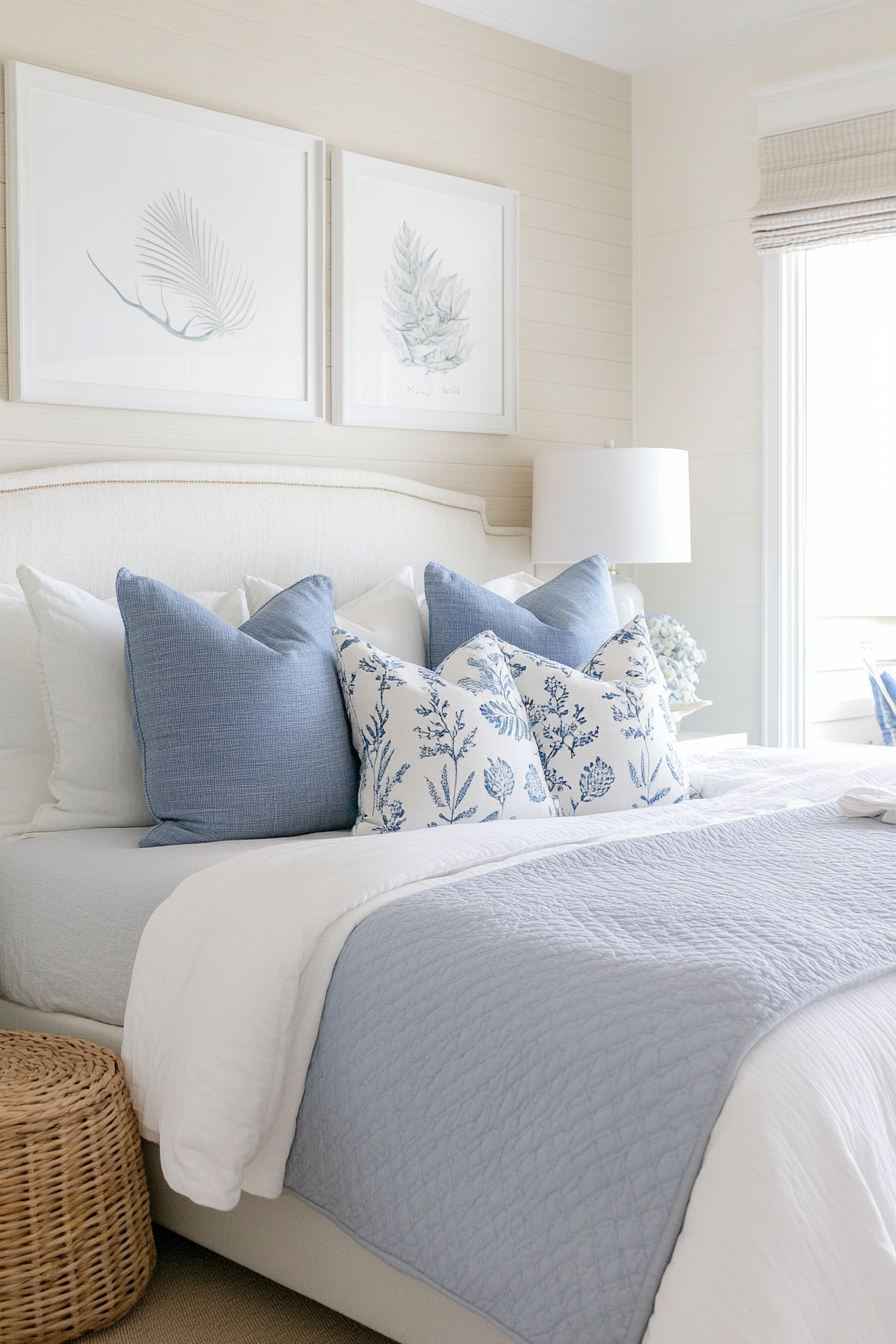 Coastal pillows on the bed