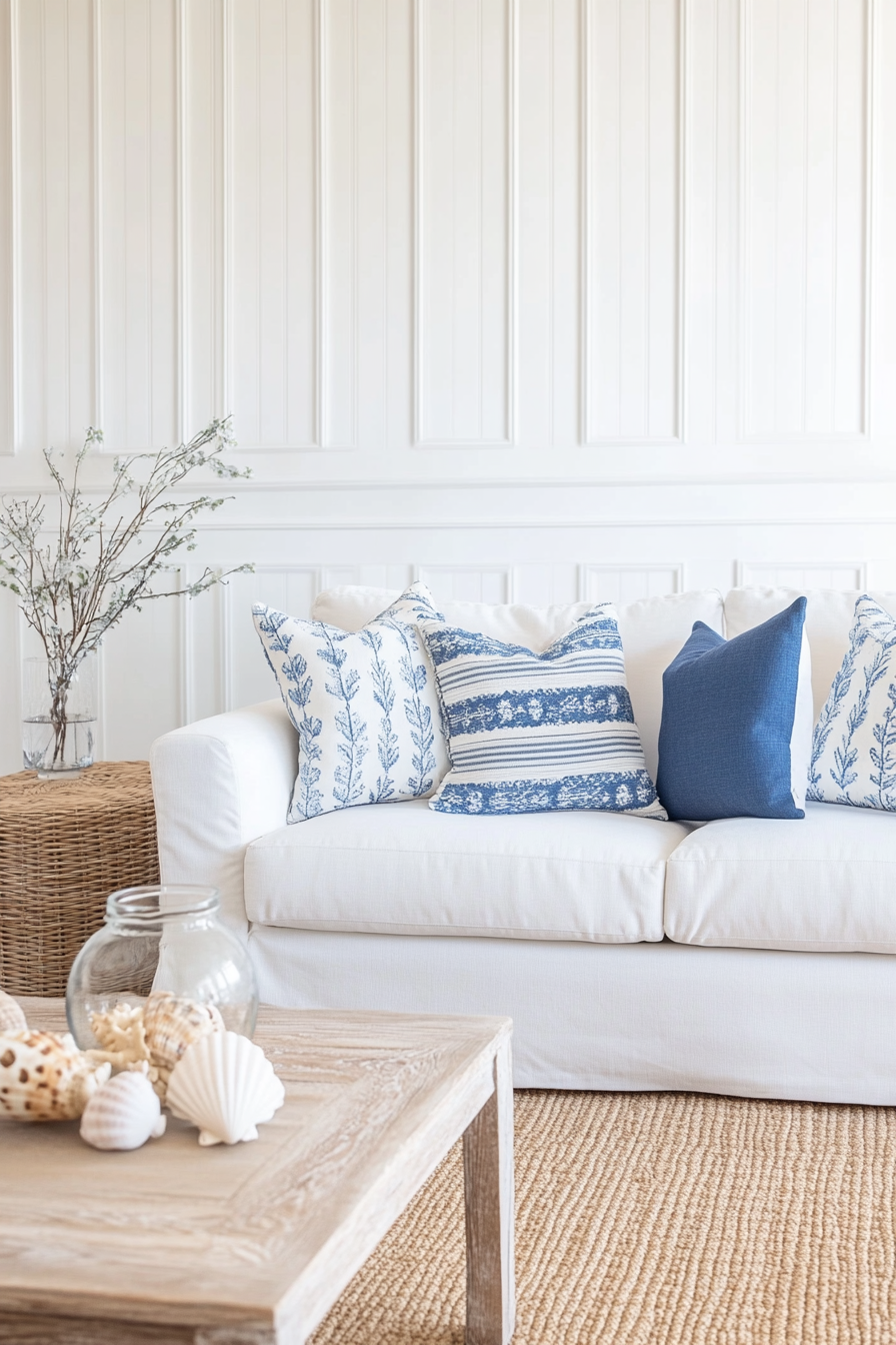 Coastal pillows on white sofa