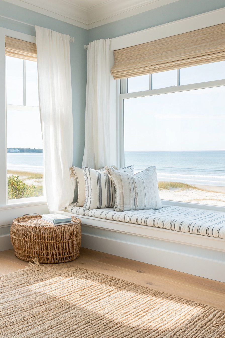 Coastal pillows on the window seat