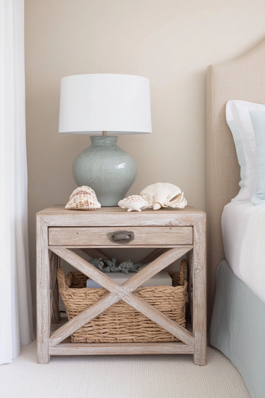 Weathered wood nightstand in coastal bedroom