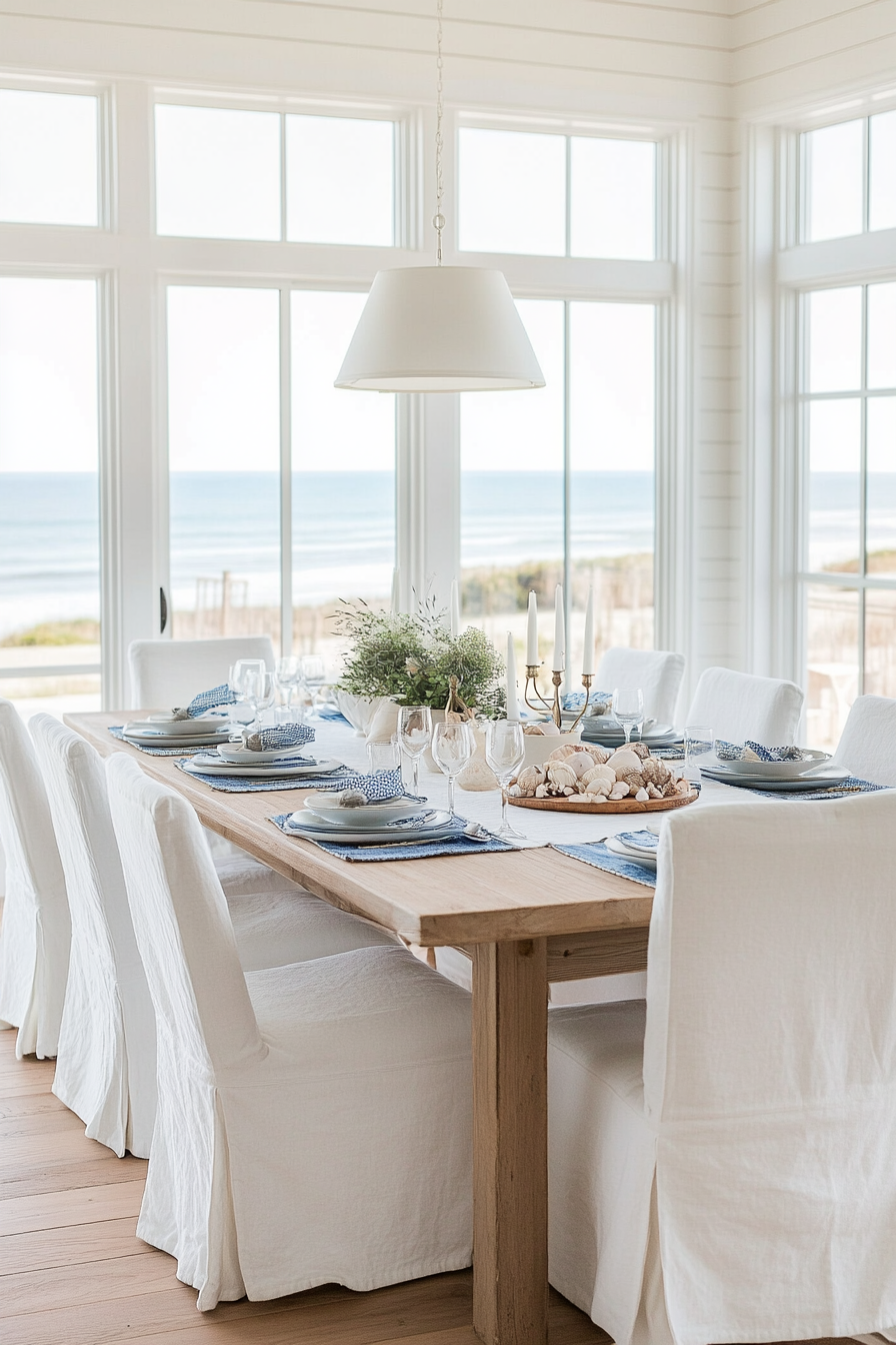 White slipcovered dining chairs in coastal dining room