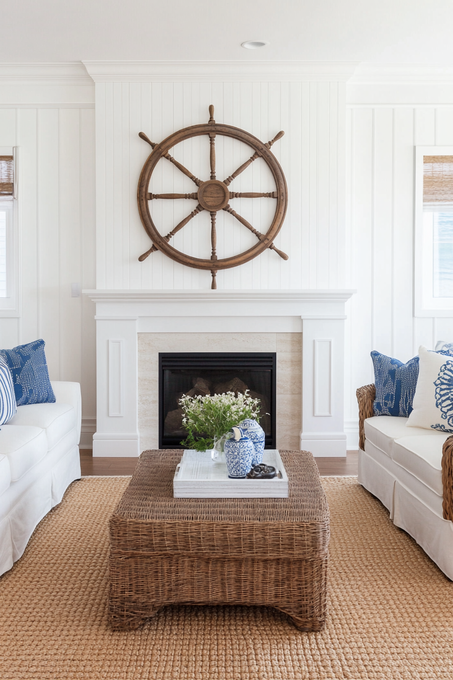 Ship's wheel above fireplace in coastal living room