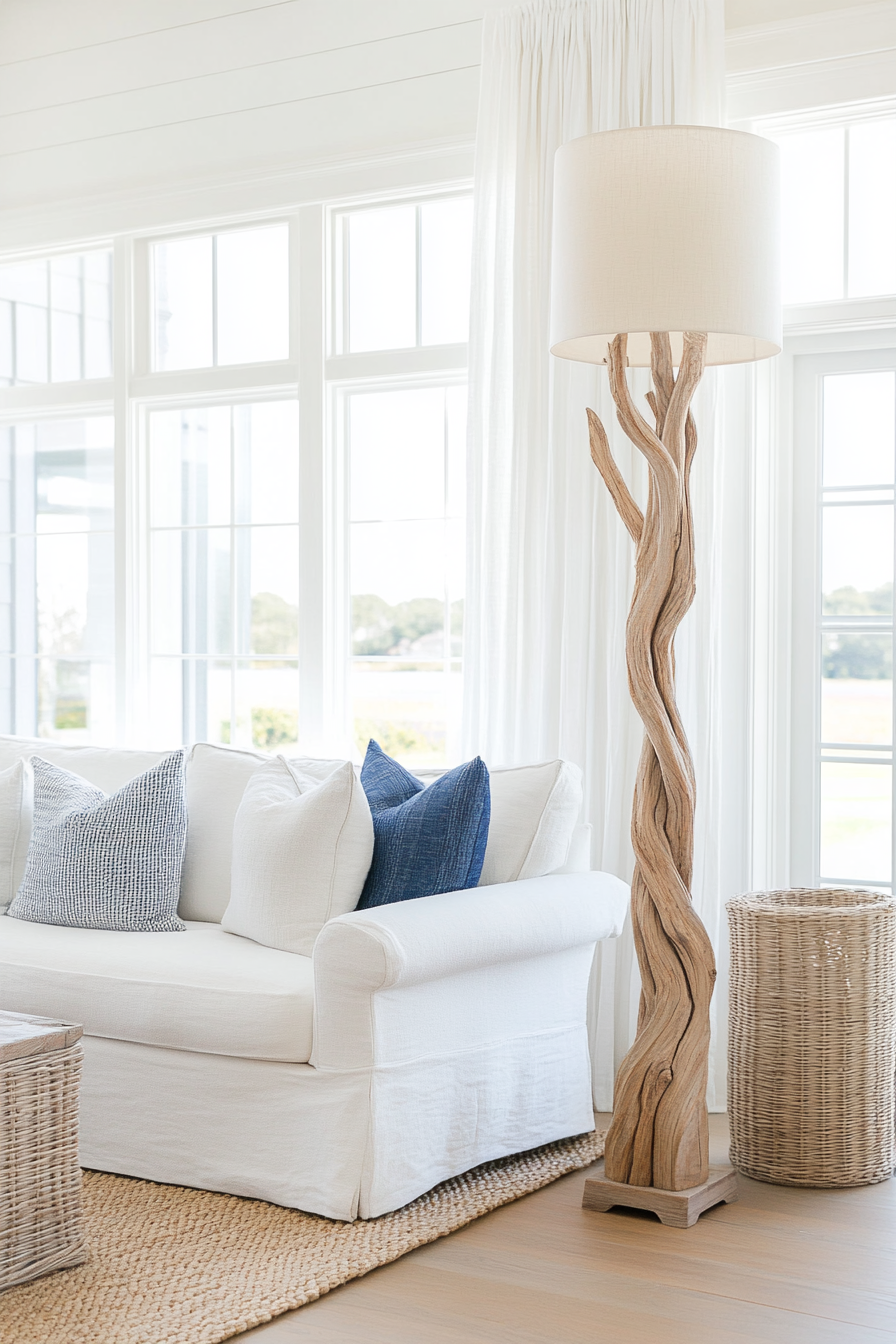 Driftwood floor lamp in coastal living room