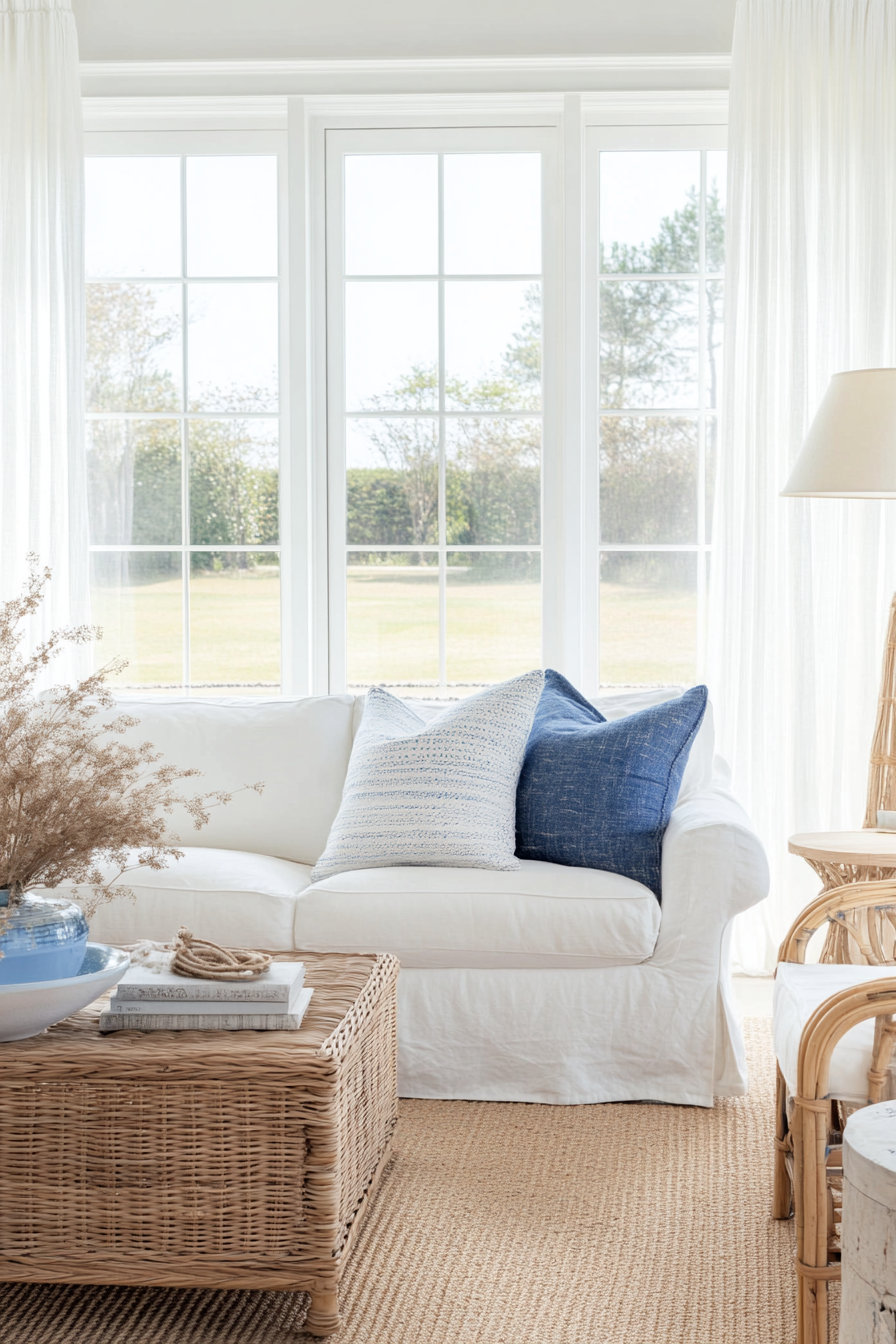 White sofa with slipcover in coastal living room