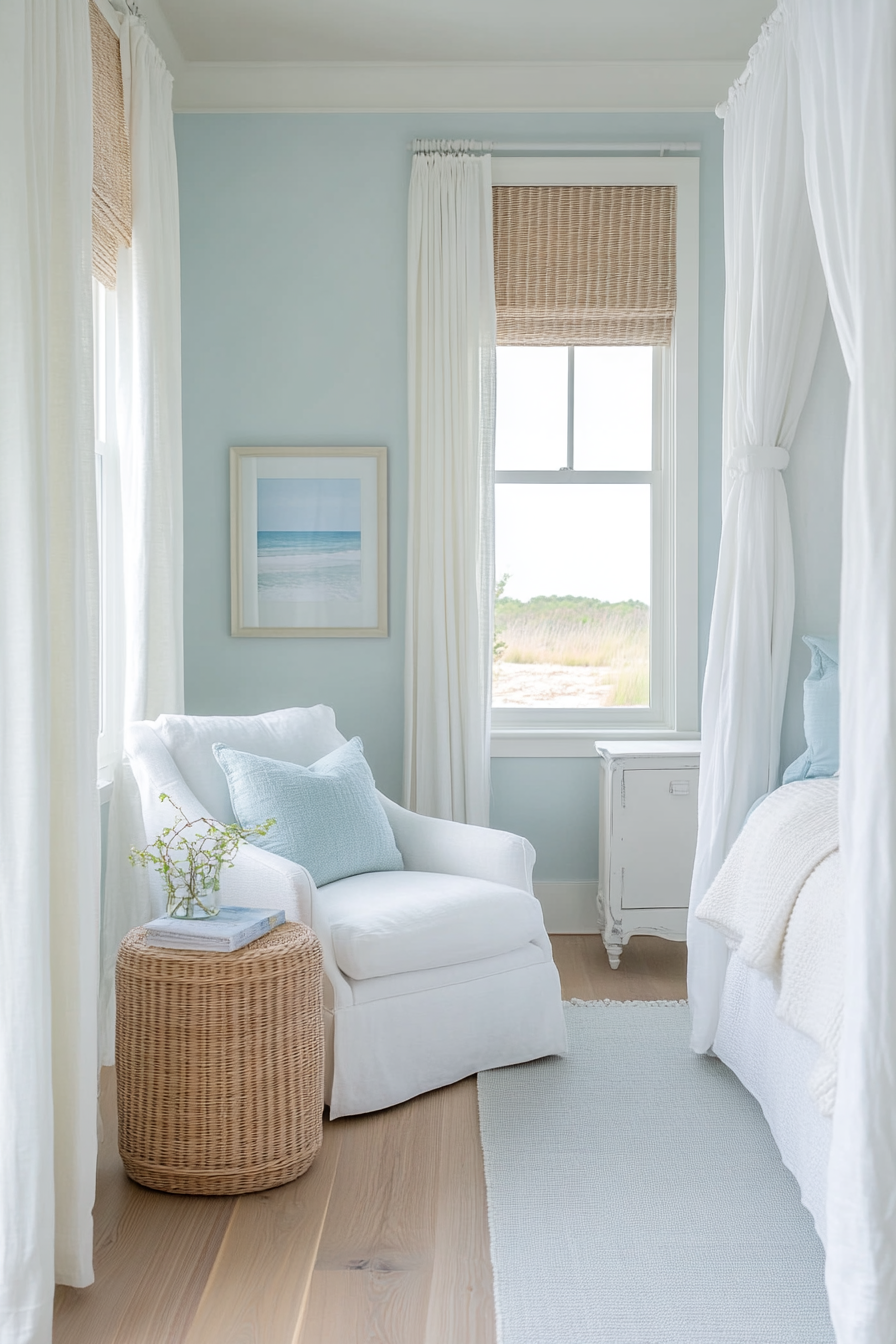 White armchair with upholstery in coastal bedroom