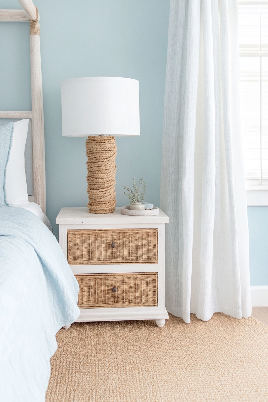 Rope-wrapped bedside lamp in coastal bedroom