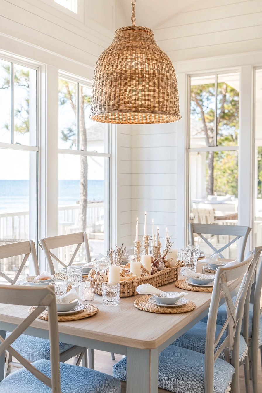 Rattan pendant light in coastal dining room