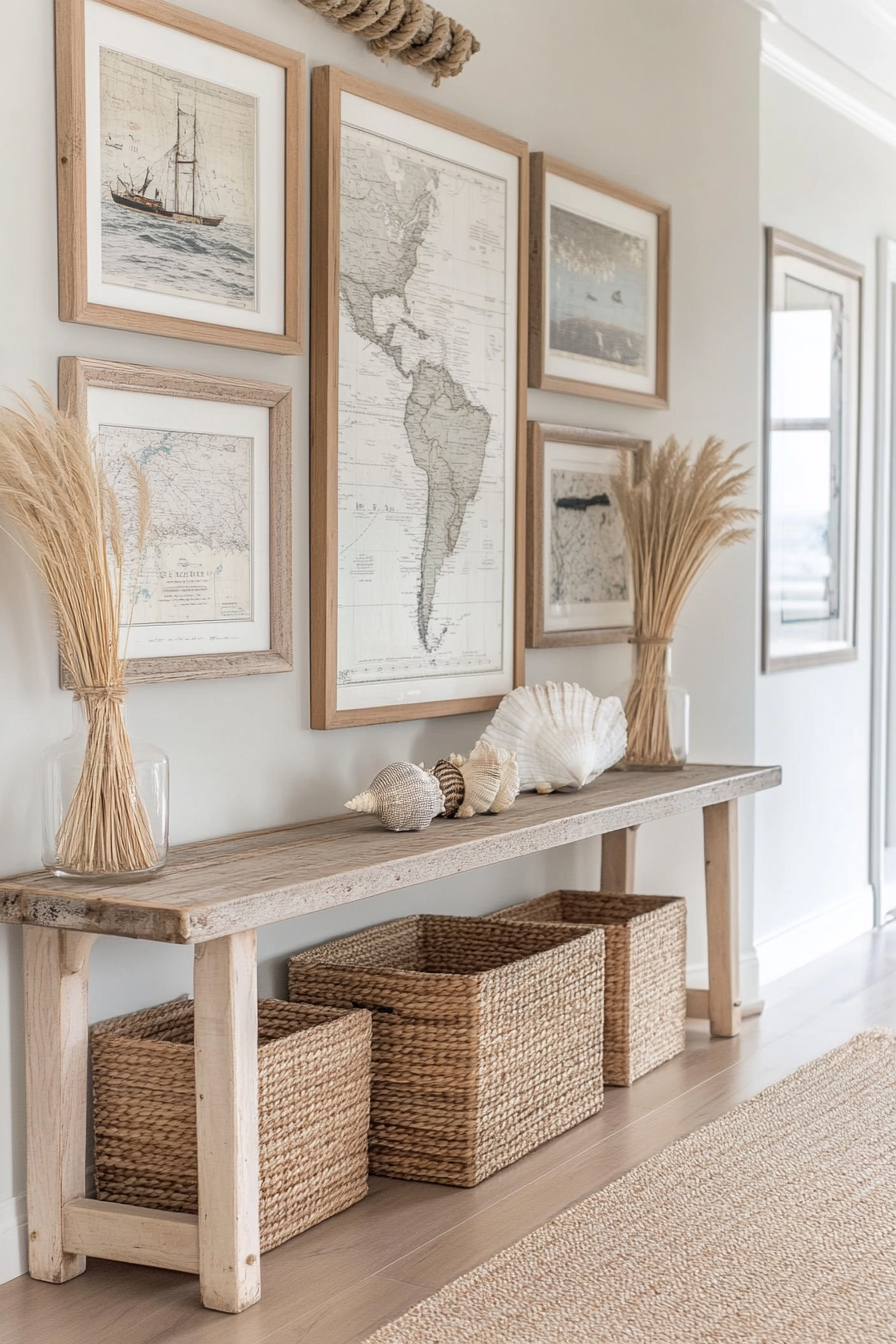 Gallery wall with nautical charts in the coastal entrance