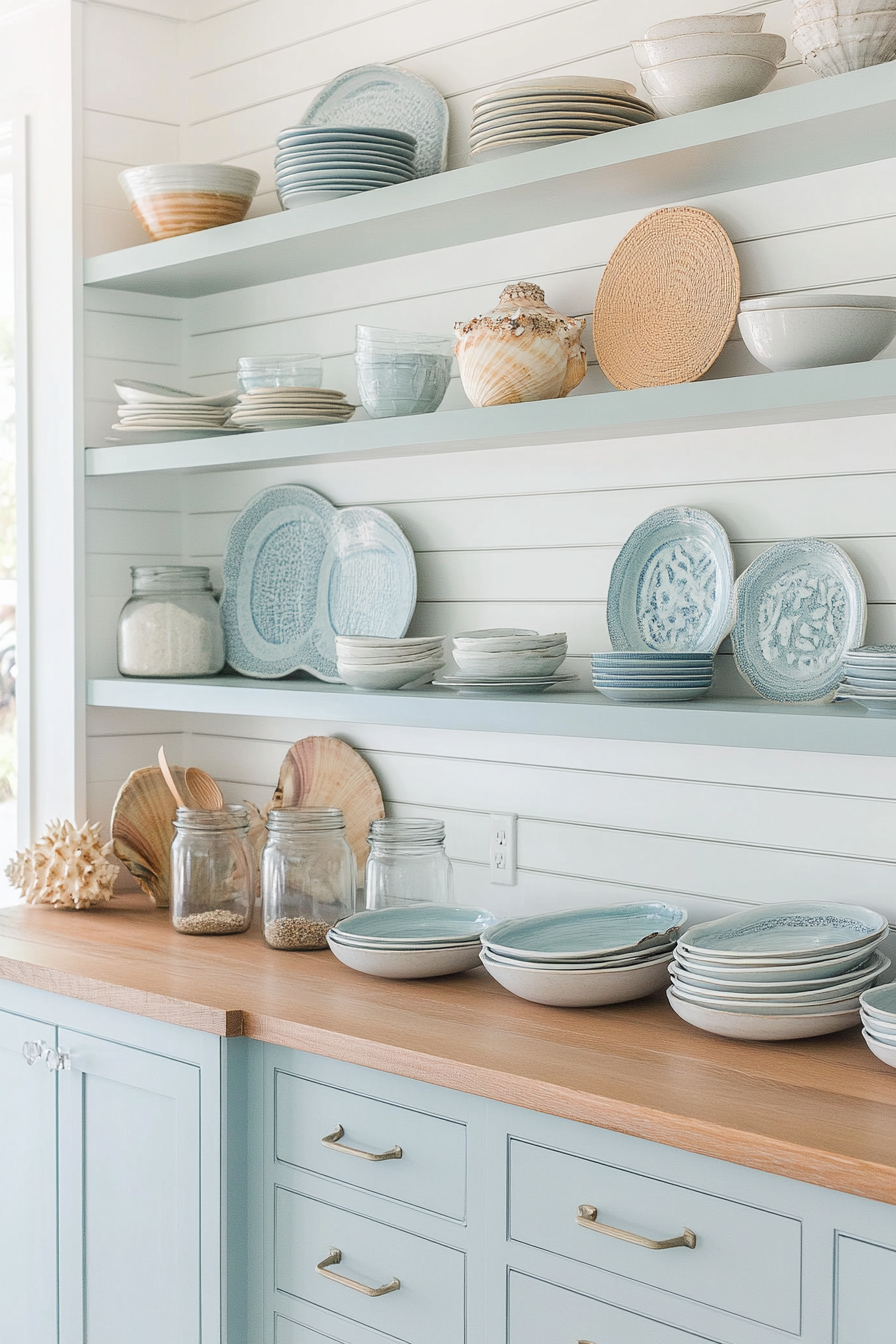 Sea-inspired tableware on open shelves in coastal kitchen