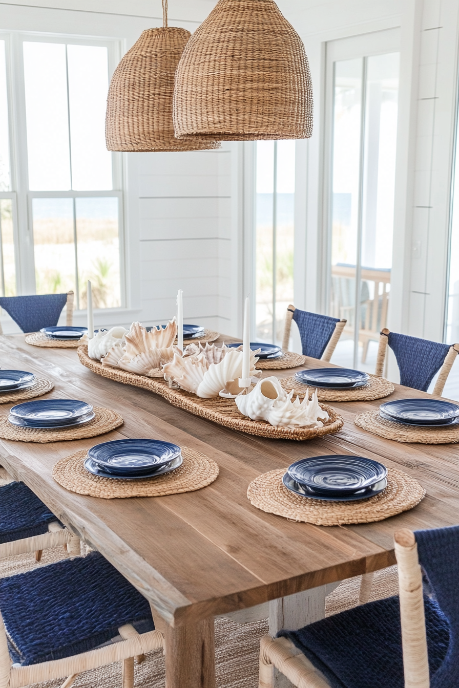 Blue and white striped tableware in coastal dining room