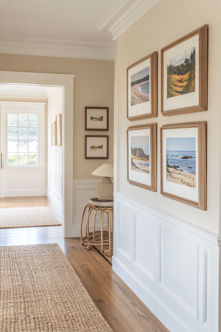 Framed vintage postcards in coastal hallway