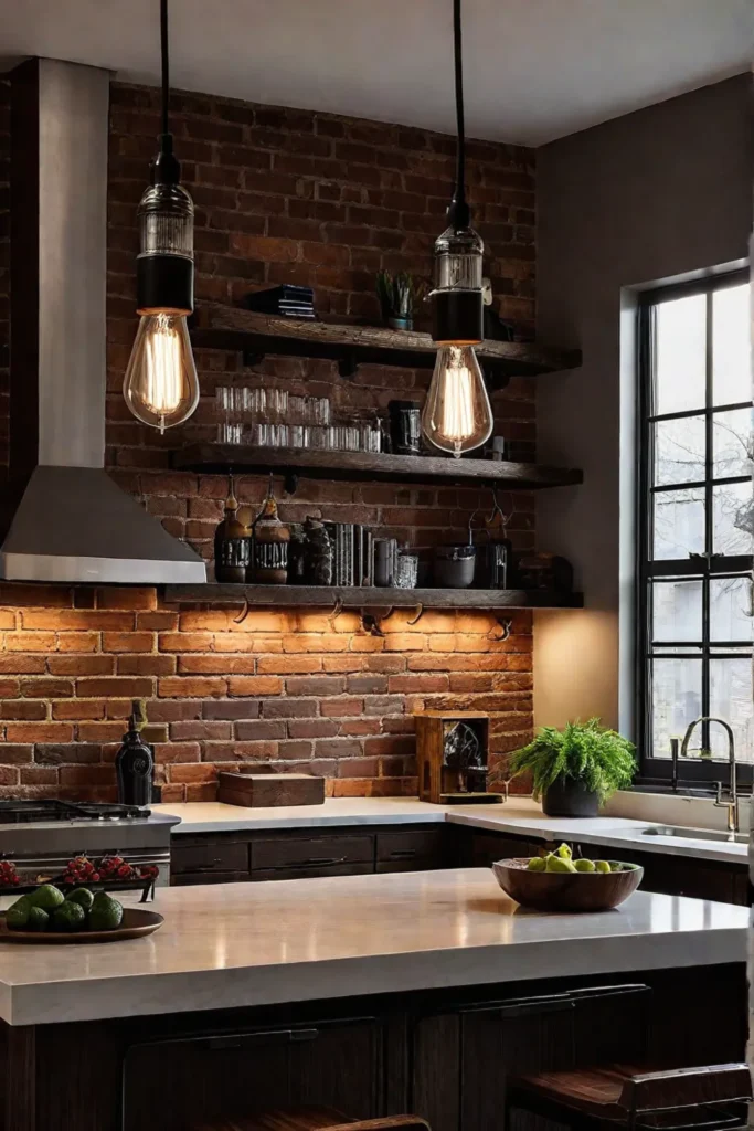 Small industrial style kitchen with Edison bulb lighting