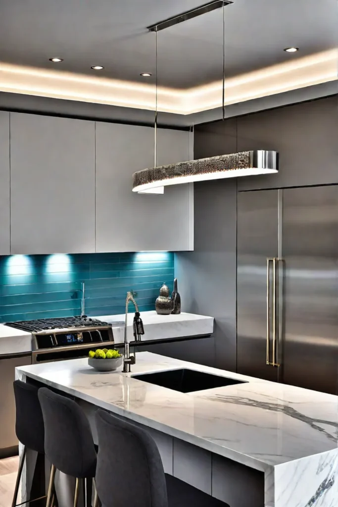 Modern small kitchen with eye-catching pendant lamp and track lighting