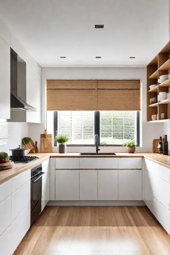 Quiet and bright small kitchen with light wood accents