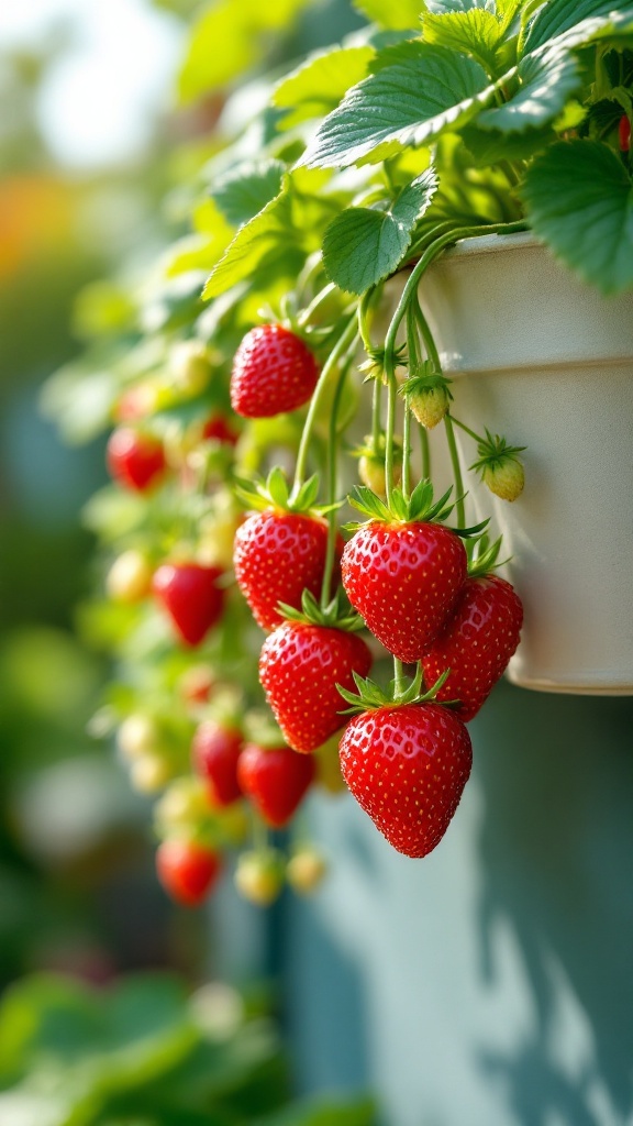 A closeup shot of ripe strawberries hanging on a <a href=