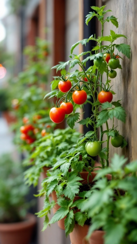 A row of compact potted tomato plants growing red and green tomatoes.