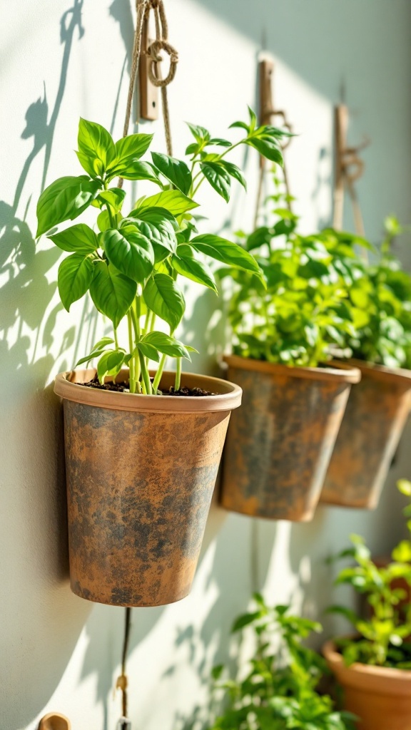 Potted herbs hang on one wall, including basil and other green plants.