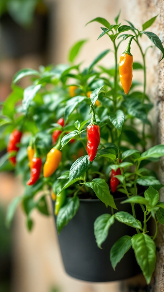 Colorful chili peppers grow in a pot