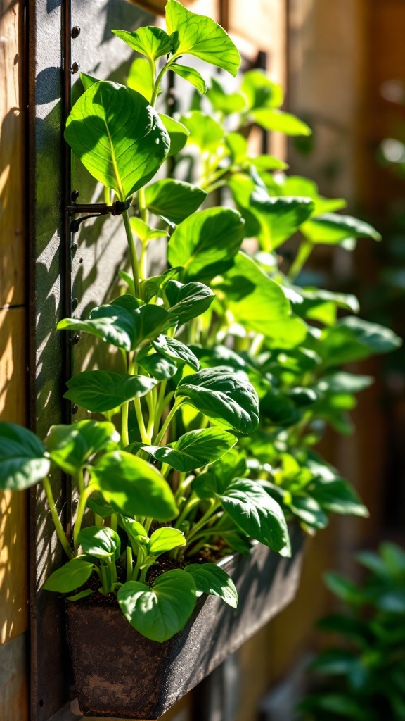 A closeup shot of healthy spinach plants growing in a vertical planter.