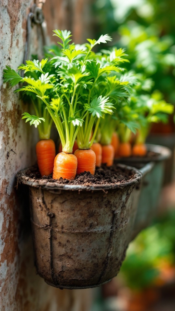 Vertical farming with growing carrots in small containers.