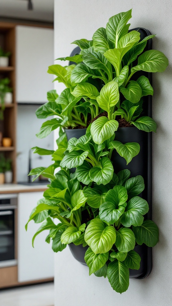 Fresh bok choy grows in wall planters in a modern kitchen