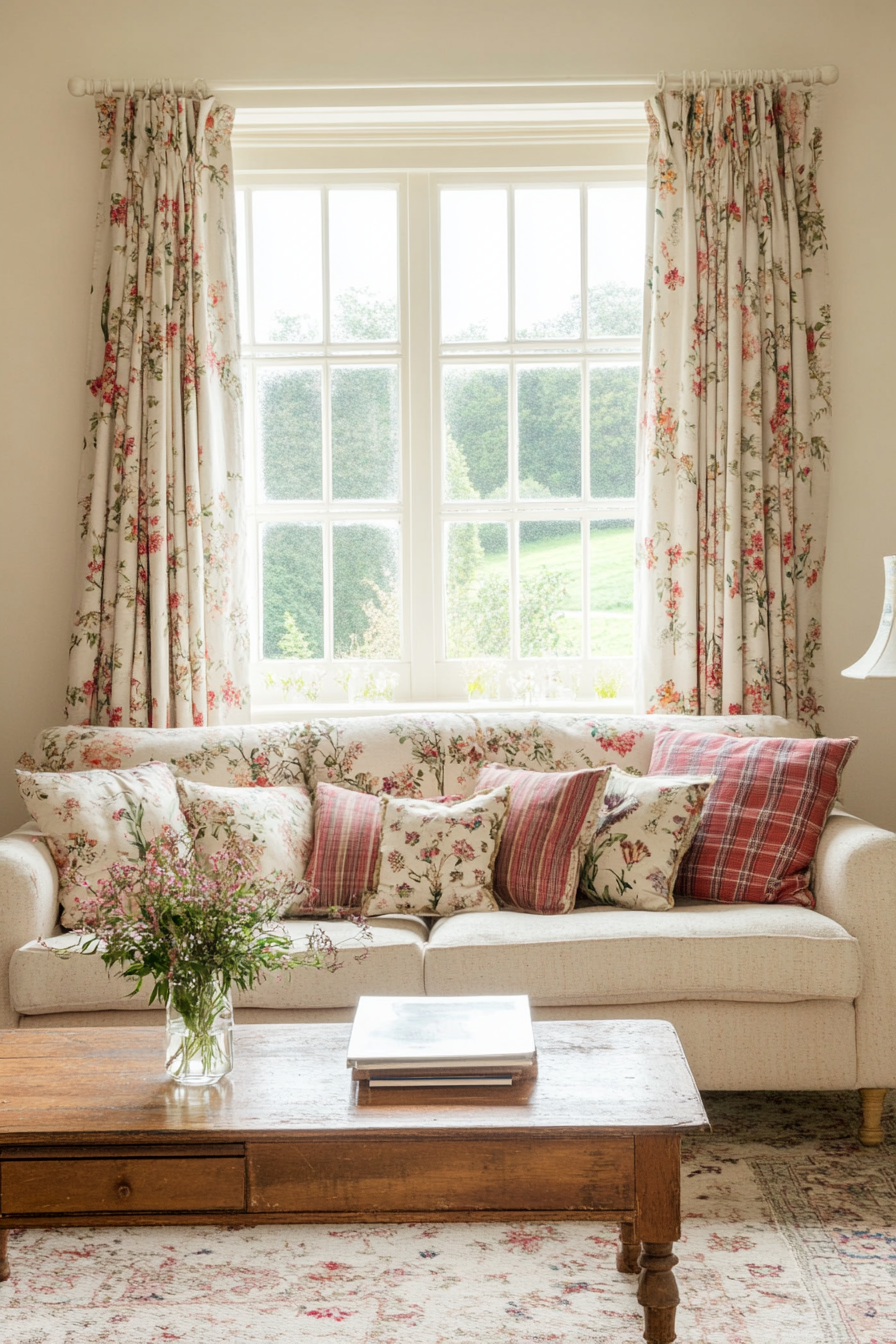 Floral and checked patterns in the country house bedroom