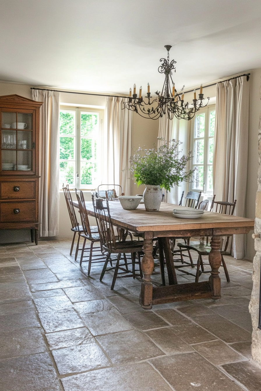 Natural materials in the country-style French dining room