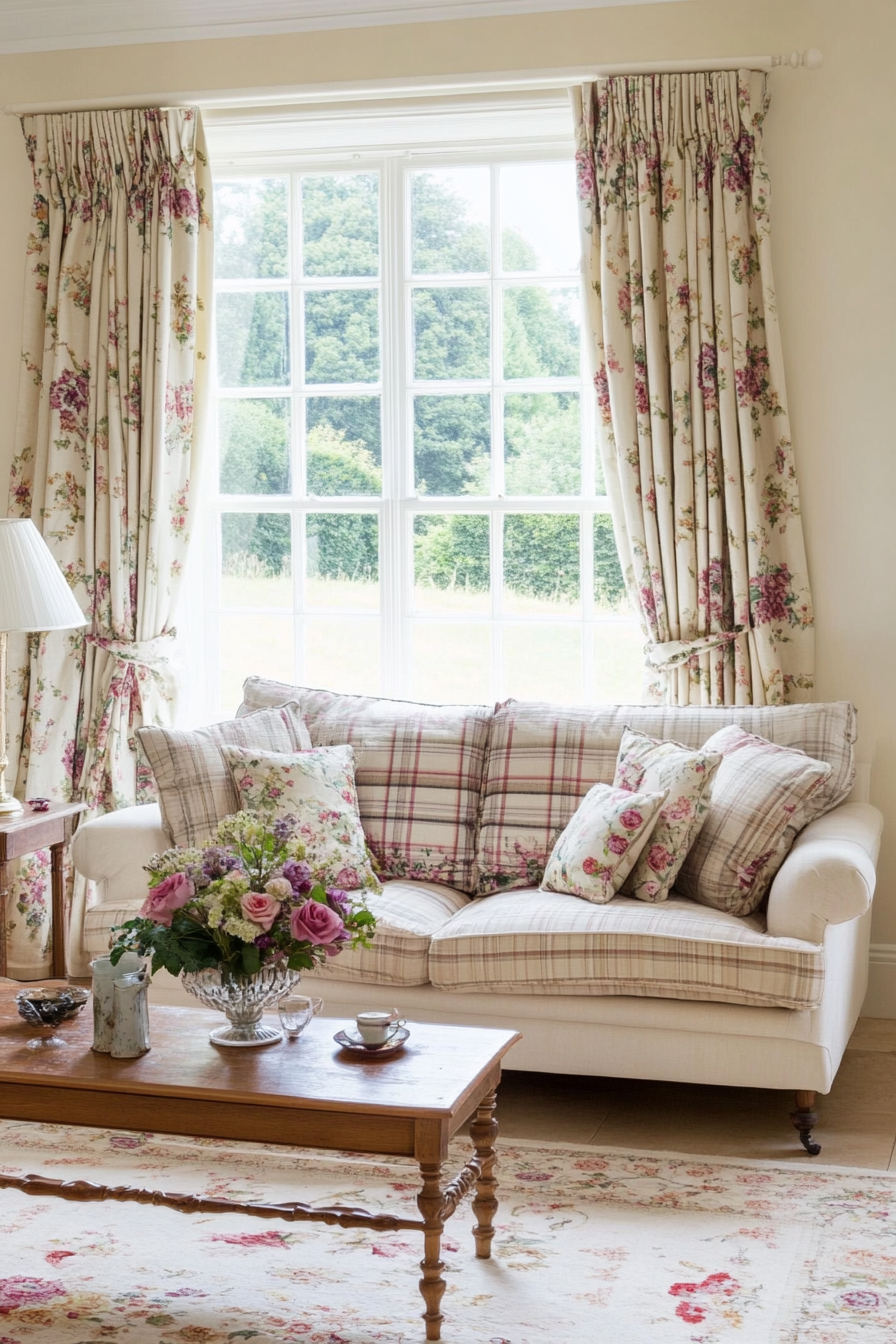 Floral and checkered pattern in rural living room