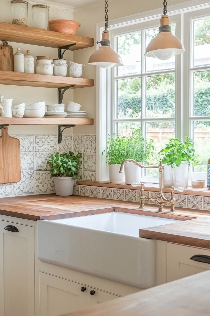 Farmhouse sink with wood countertops