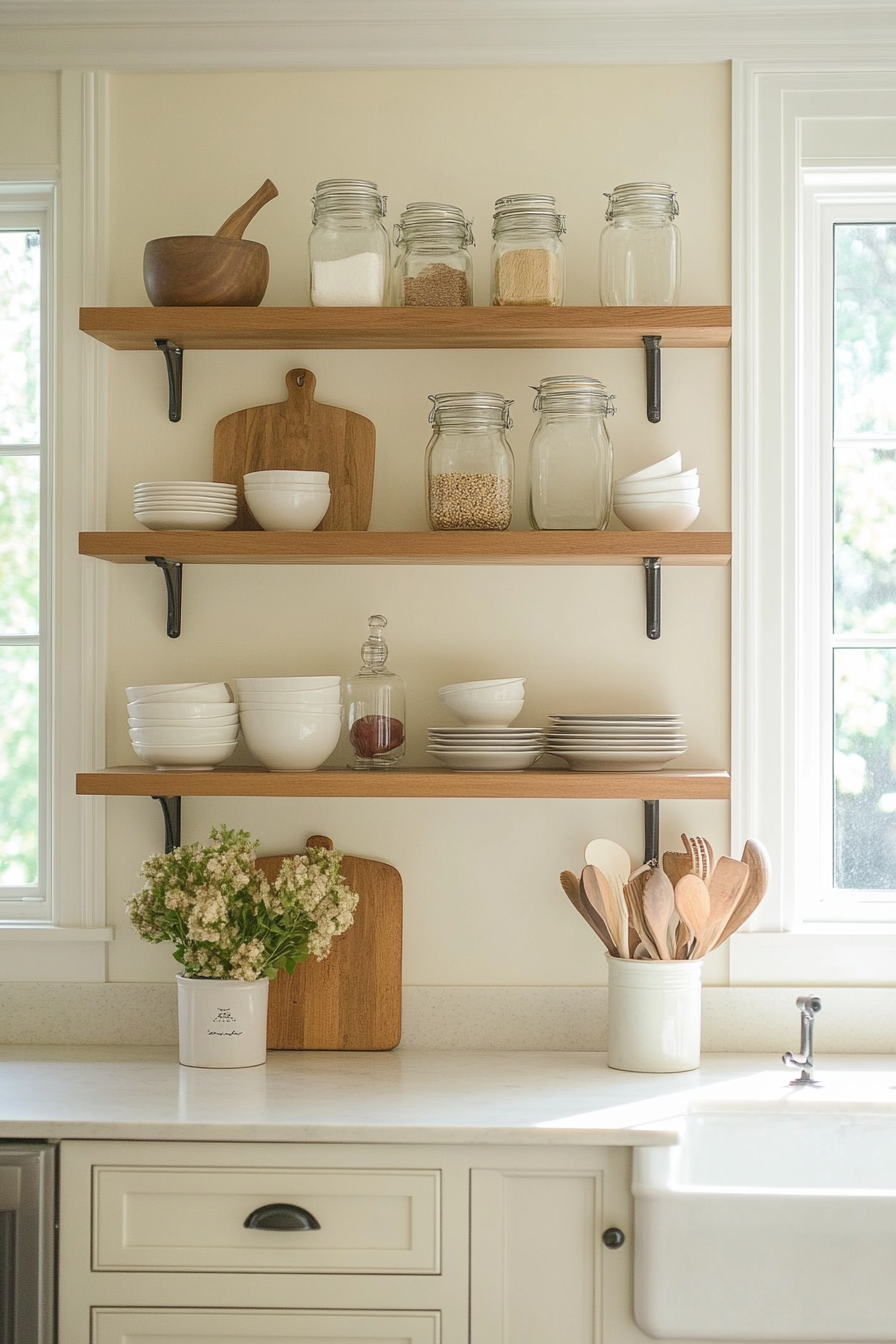 Open shelf in rustic living room