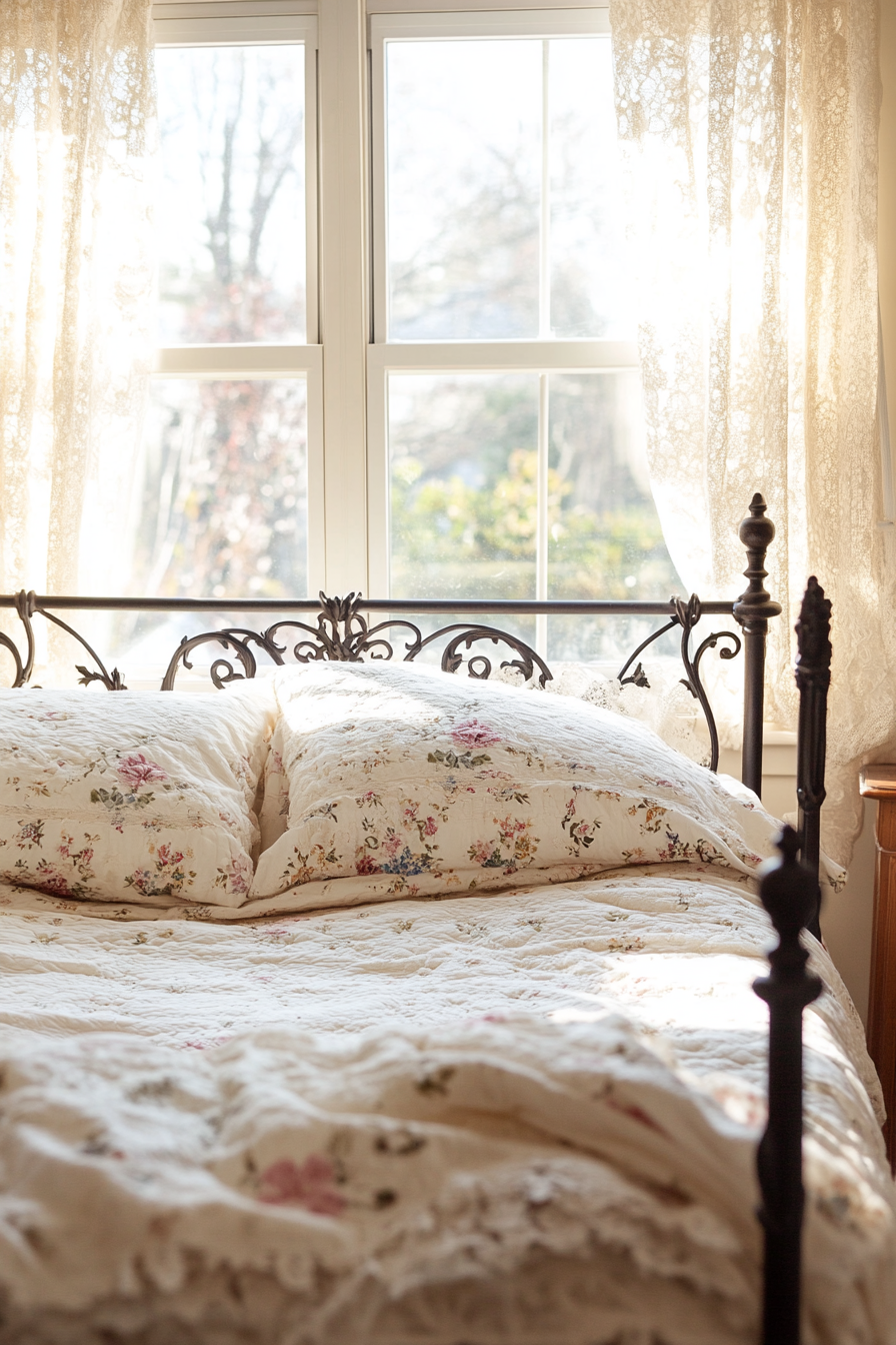 Wrought iron bed frame in a French country bedroom