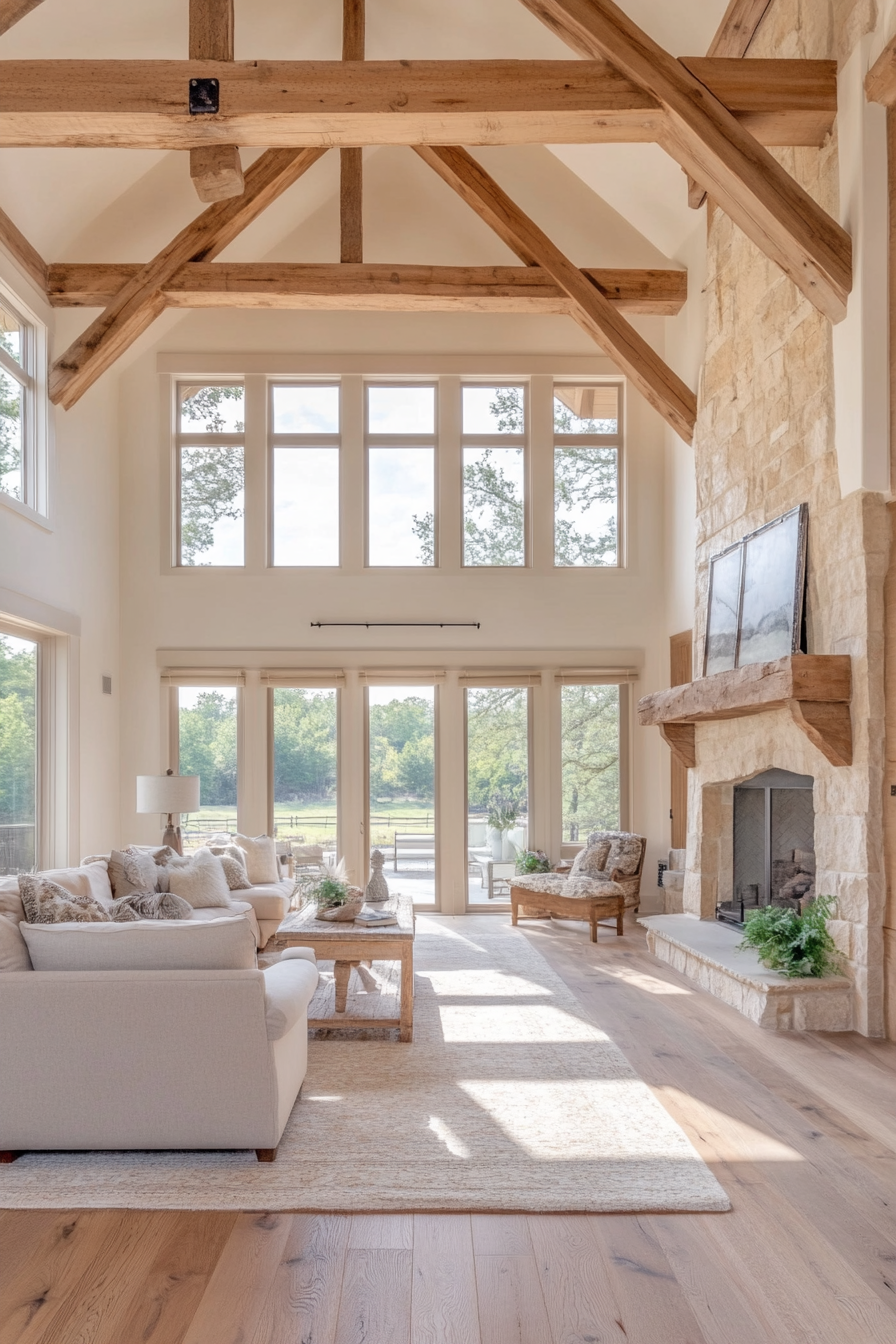 Exposed wooden beams in country-house style bedroom