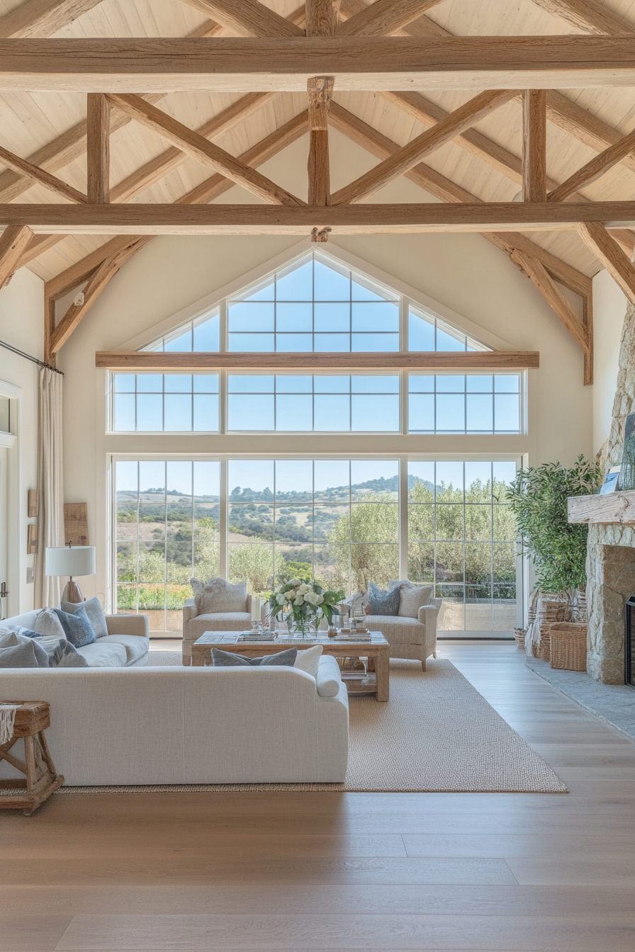 Exposed wooden beams in the country-house style living room