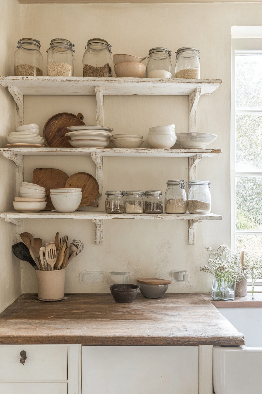 Open shelving in a French country kitchen