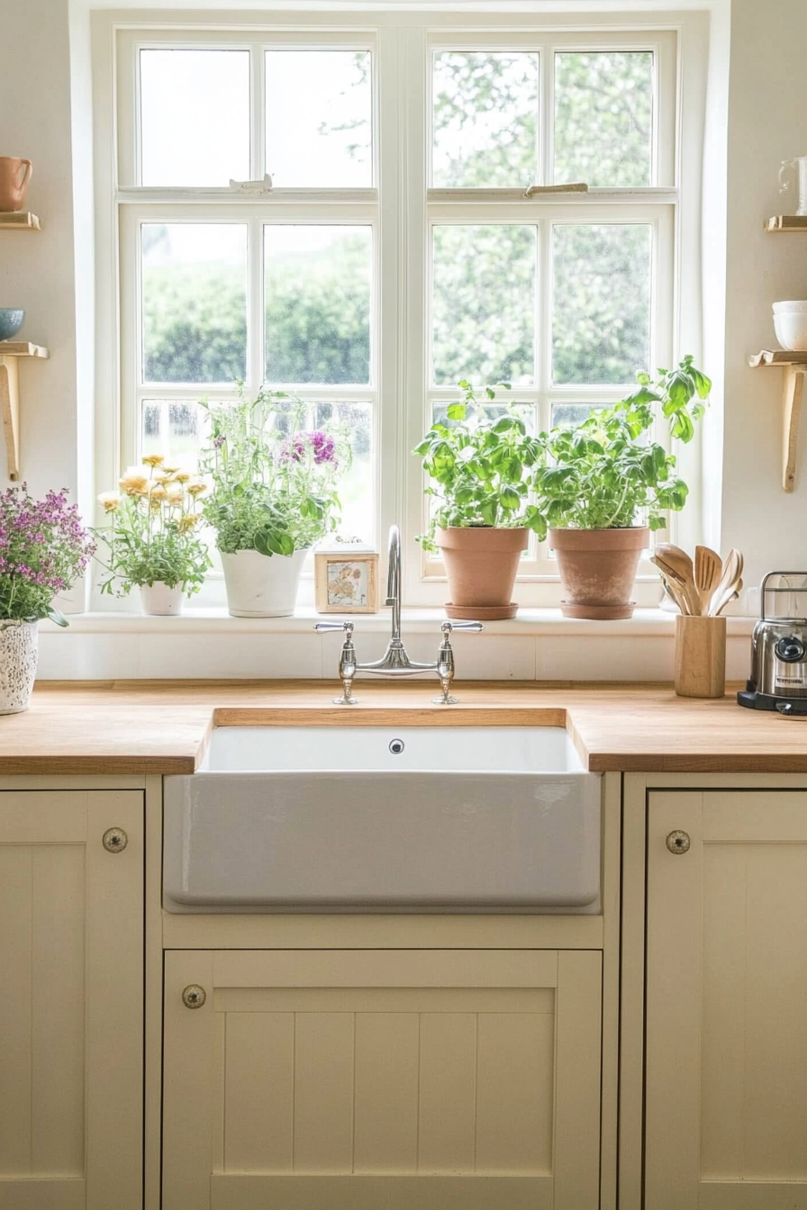 Fresh flowers and greenery in the country kitchen