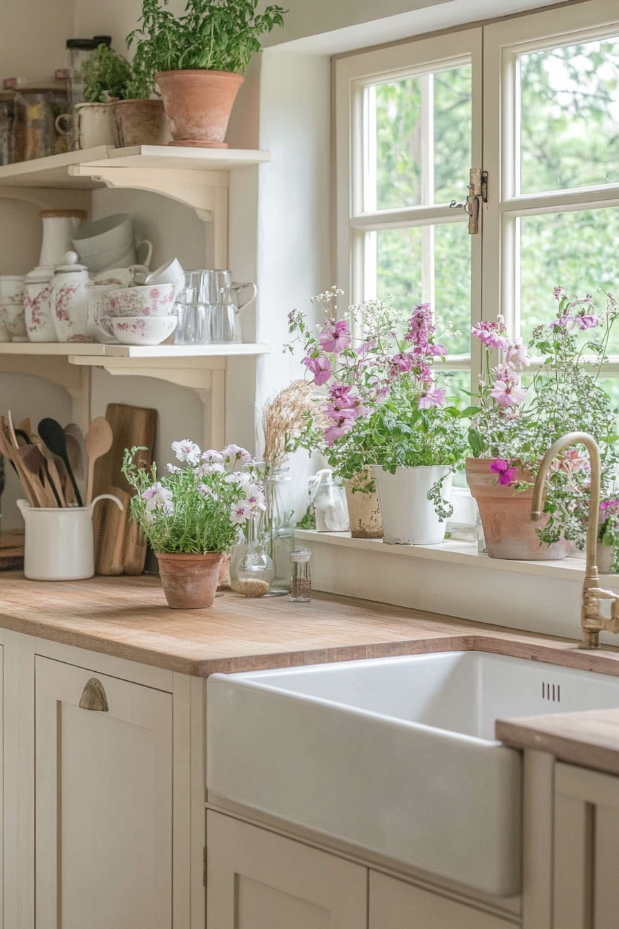 Fresh flowers and greenery in the rustic bedroom