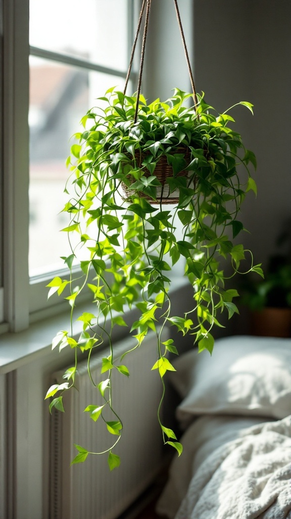 A lush spider plant hanging in a bright room, showing off its green leaves.