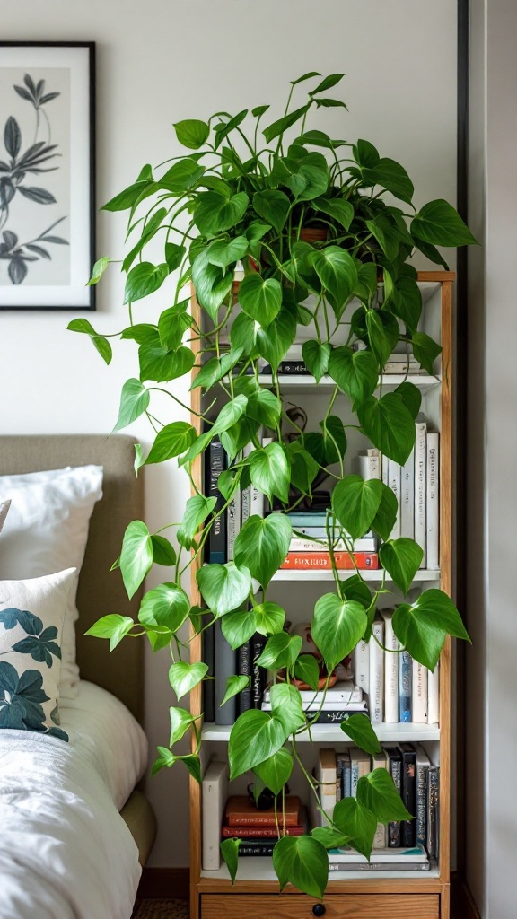 A flowering pothos plant drapes over a bookshelf next to a flower bed.